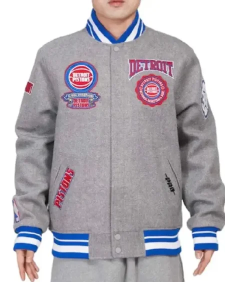 Detroit Pistons Crest Emblem Grey Varsity Jacket