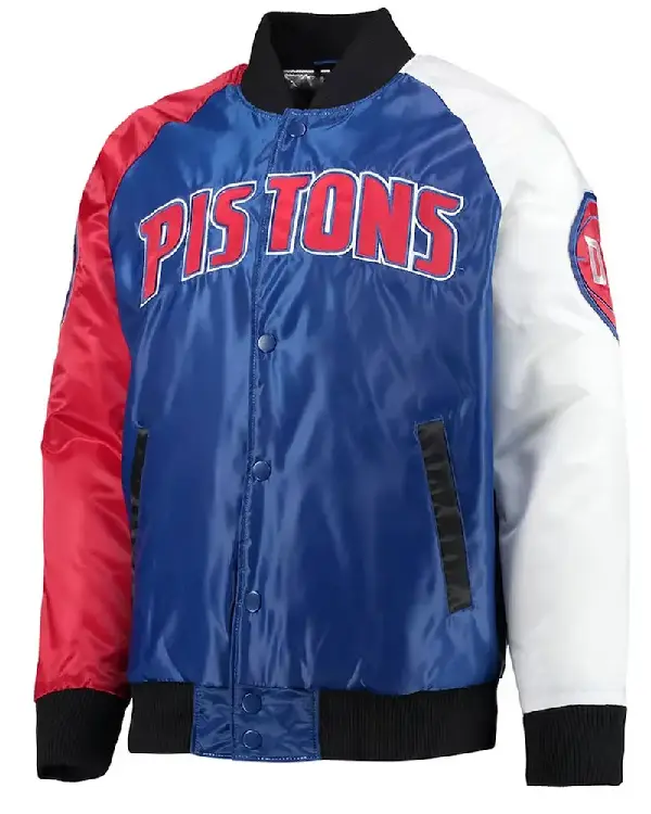 Detroit Pistons Tricolor Remix Varsity Satin Jacket