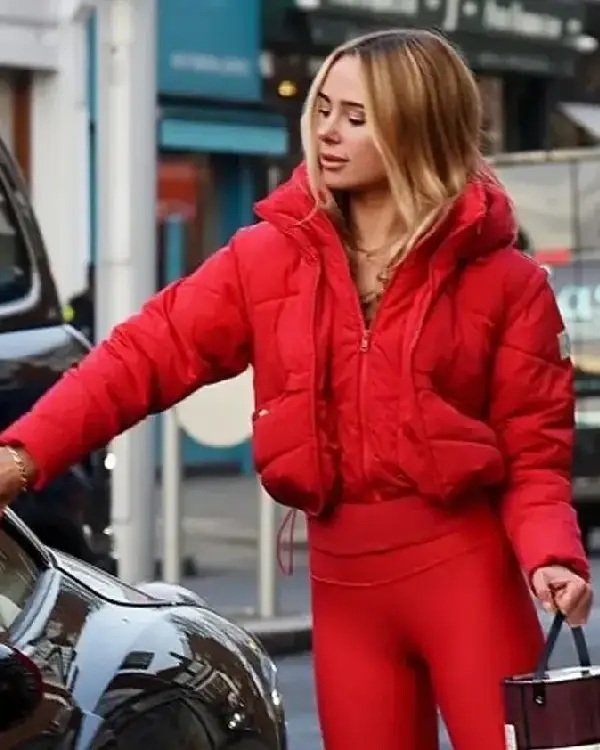 Kimberley Garner Red Puffer Hooded Jacket