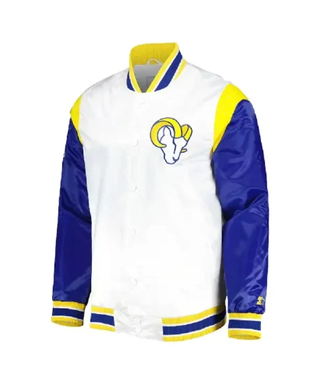 LA Rams Throwback Warm Up Pitch White Varsity Satin Jacket