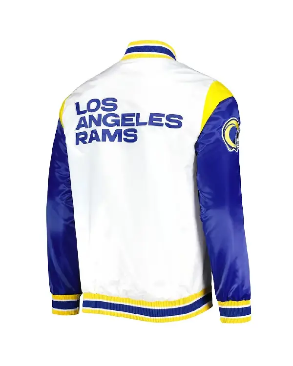 LA Rams Throwback Warm Up Pitch White Varsity Satin Jacket For Sale