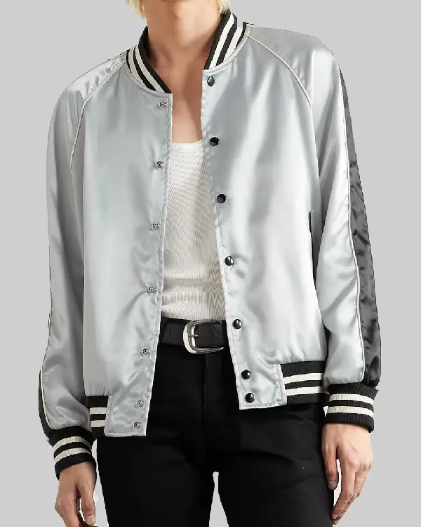 Lady Gaga Black Striped Silver Satin Bomber Jacket Sale