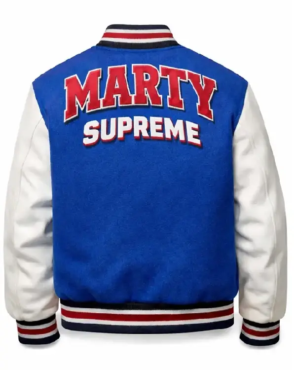 Marty Supreme Blue and White Full-Snap Varsity Jacket