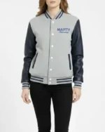 Marty Supreme Gray and Navy Blue Letterman Leather Sleeve
