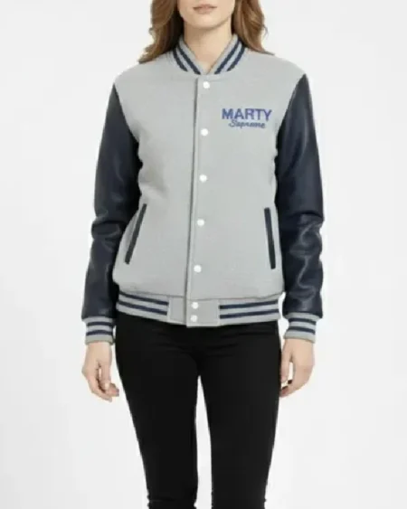 Marty Supreme Gray and Navy Blue Letterman Leather Sleeve