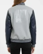 Marty Supreme Gray and Navy Blue Letterman Leather Sleeve Varsity Jacket