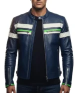 Men’s White Green Striped Blue Leather Biker Jacket