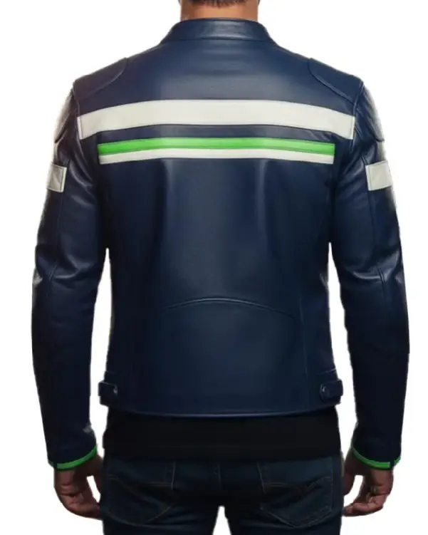 Men’s White Green Striped Blue Leather Biker Jacket For Sale
