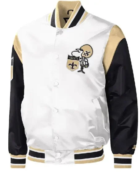 New Orleans Saints Throwback Warm Up Pitch White Varsity Satin Jacket