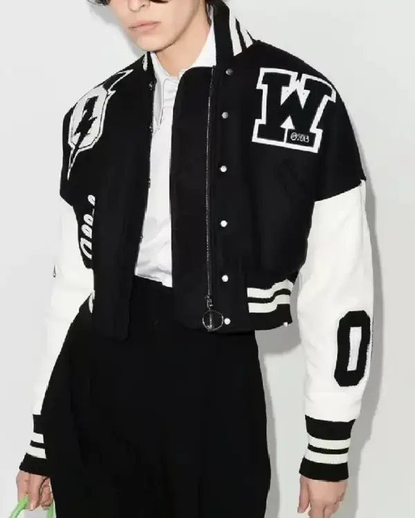 Off White Cropped Black and White Varsity Jacket