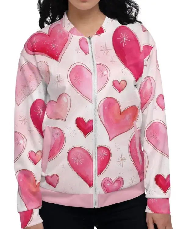 Pink Heart Print Bomber Jacket