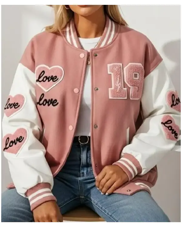 Pink Love Patch Valentine Varsity Jacket
