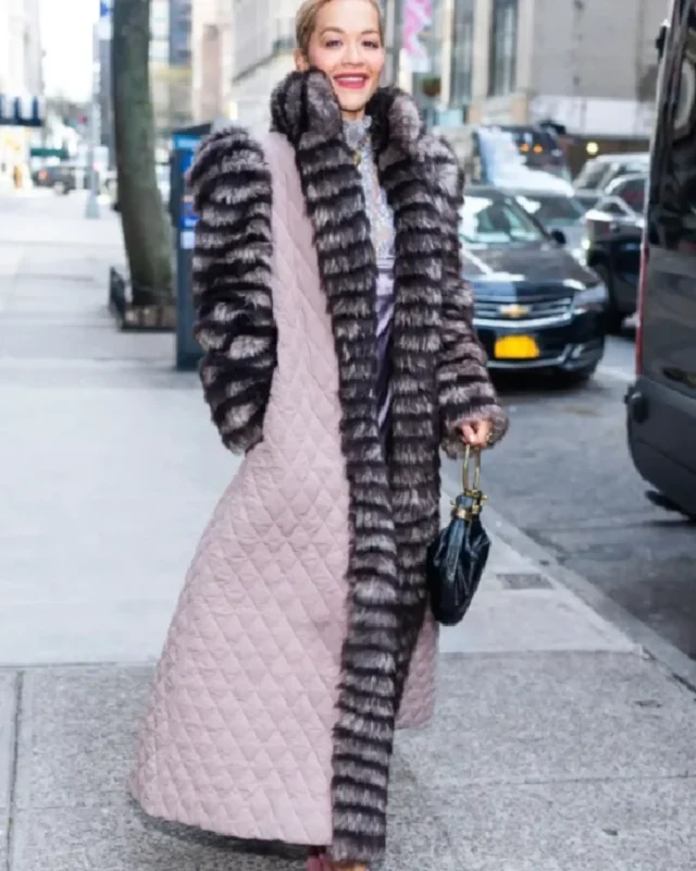 Rita Ora Midtown NYC 2025 Quilted Trench Coat sale