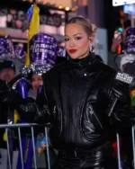 Rita Ora New York City Oversized Funnel Neck, Silver Hardware Black Leather