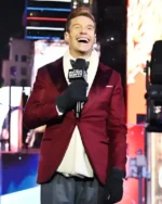 Ryan Seacres New Year’s Eve 2026 Celebration Crushed Shimmer Peak Lapel Burgundy Velvet Blazer