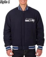 Seattle Seahawks Bomber Navy Blue Wool Jacket