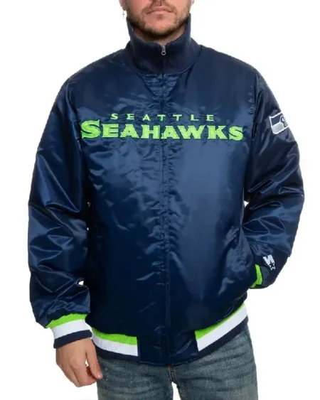 Seattle Seahawks Neon Embroidery Varsity Navy Satin Jacket