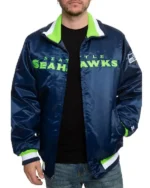 Seattle Seahawks Neon Embroidery Varsity Navy Satin Jacket for sale