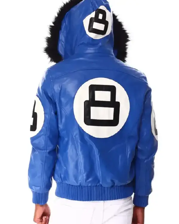 Shop 8 Ball Blue Hooded Leather Jacket For Men and Women For Sale