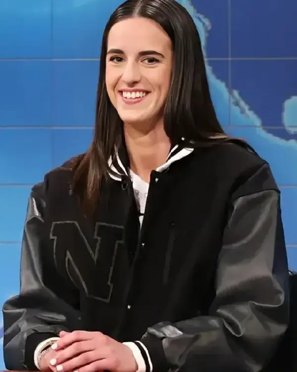 Shop American Basketball Player Caitlin Clark Saturday Night Live Black Varsity Jacket Sale