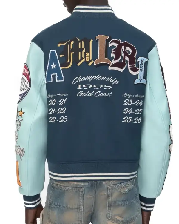 Shop Amiri Patch Blue Wool and Leather Varsity Jacket Blue