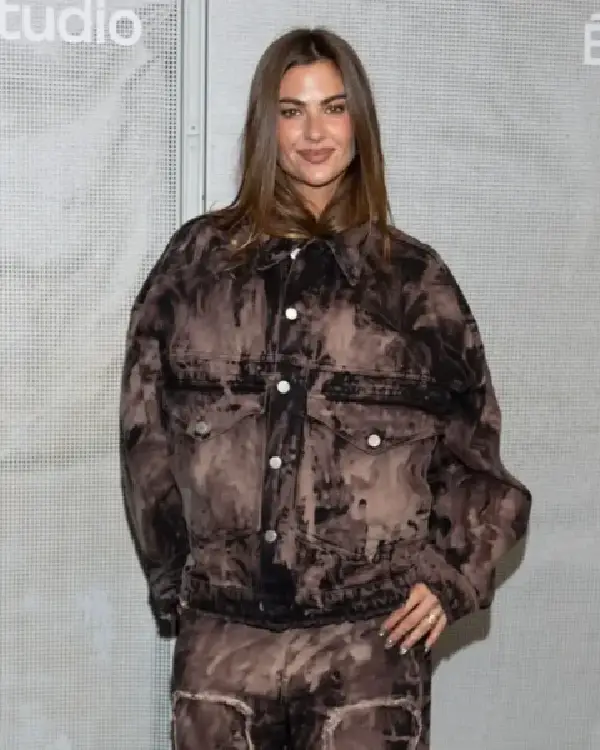 Shop Clara Berry Paris Fashion Week Acid-Wash Marble Effect Black Denim Jacket For Sale