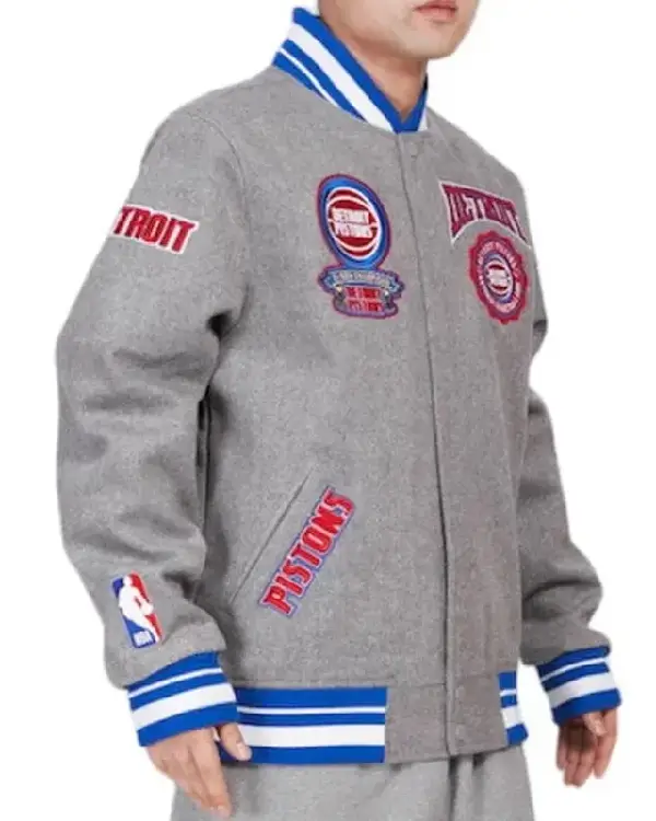Shop Detroit Pistons Crest Emblem Varsity Heather Grey Wool Jacket For Sale