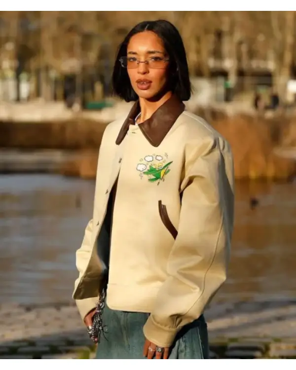 Shop Dina Ayada Paris Fashion Week Dark Brown Collar and Green Airplane Embroidery White Leather Bomber Jacket For Sale