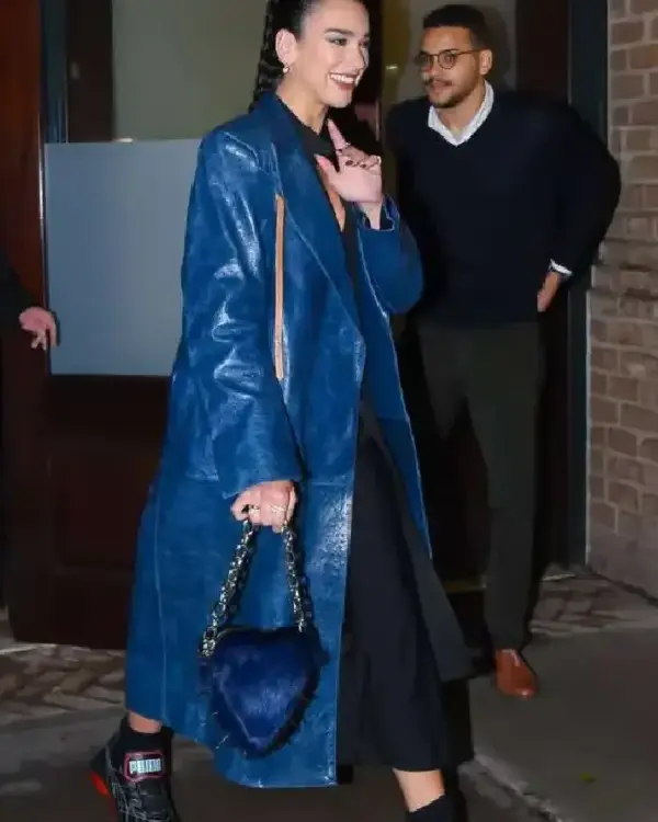 Shop Dua Lipa 36th Annual Footwear News Achievement Awards Blue Leather Trench Coat For Women For Sale