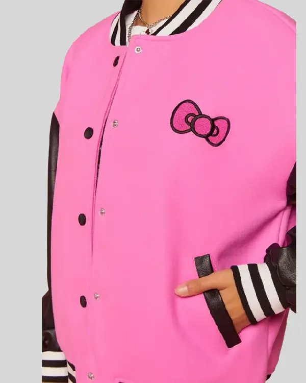 Shop Hello Kitty Pink & Black Varsity Back Kitty Printed Bomber Jacket For Sale