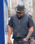 Shop Jason Momoa NYC Curved Patch Pockets, and Brass Rivet Accents Coal Grey Waxed Canvas Utility Vest For Sale
