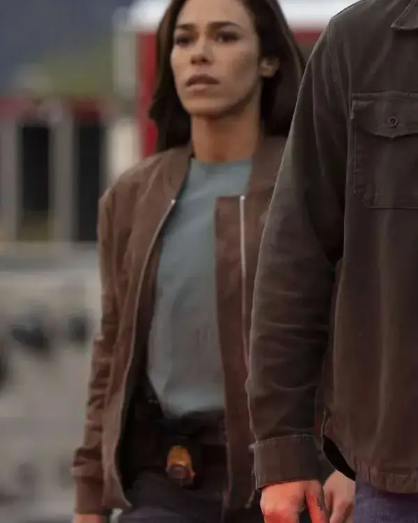 Shop Jessica Camacho Countdown 2025 Amber Oliveras Brown Suede Bomber Jacket For Sale