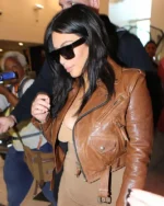 Shop Kim Kardashian Leather Brown Jacket Sale