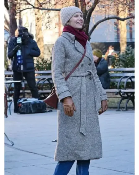 Shop Lauren Cohan The Walking Dead_ Dead City Filming NYC 2026 Double-Breasted, Tie-Belt Waist Taupe Wool Long Coat For Sale