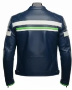 Shop Men’s Racing White Green Striped Blue Full-Zip Leather Biker Jacket By Sale