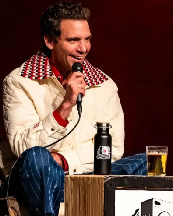 Shop Mika Tintoria Podcast Show 2026 Snap Buttons, Oversized Checkerboard Knit Collar Cream Quilted Bomber Jacket For Sale