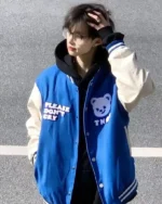 Shop Please Don’t Cry TNQT Blue and Off-White Varsity Jacket Sale