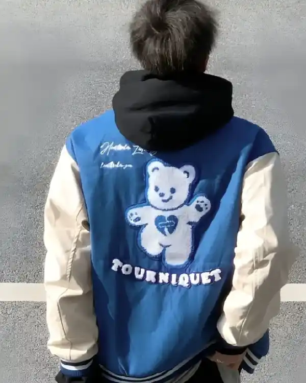 Shop Please Don’t Cry TNQT Blue and Off-White Varsity Jacket