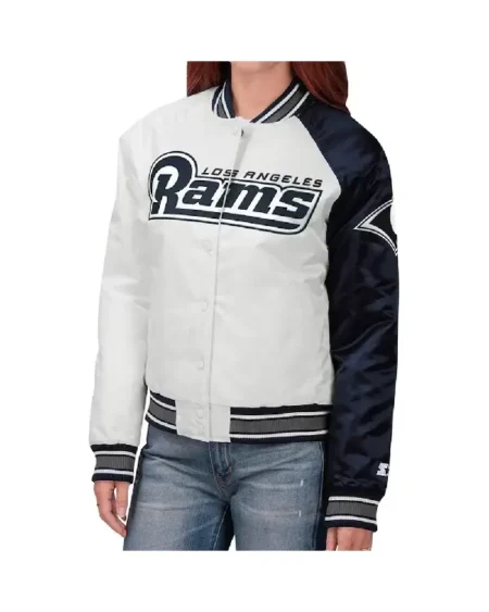 Shop Starter Los Angeles Rams Hometown Full-Snap White and Navy Satin Jacket