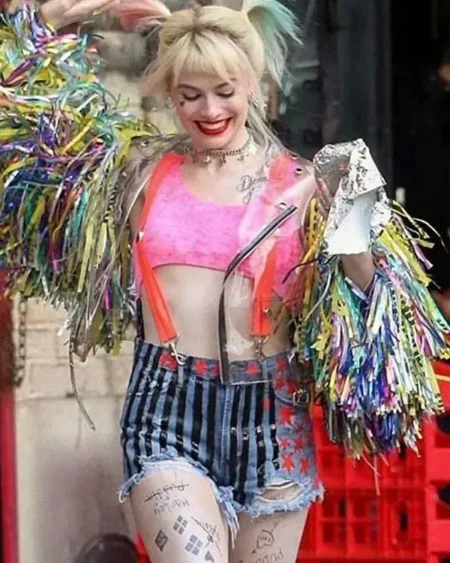 Shop The Harley Quinn Fringe Jacket worn by the talented Margot Robbie as the wild child DC villain, Harley Quinn in the Harley Quinn focused movie, Birds of Prey. Sale