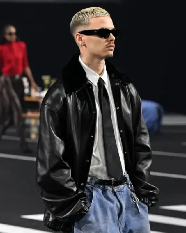 Shop Willy Chavarria FW26 Show Romeo Beckham Black Leather Jacket For Sale