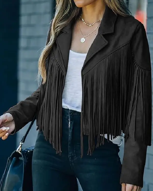 Shop Women Black Fringe Faux Suede Leather