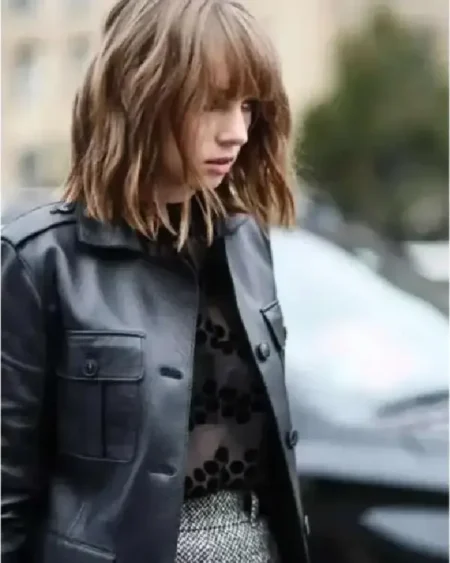 Stranger Things Maya Hawke Black Leather Coat For Sale