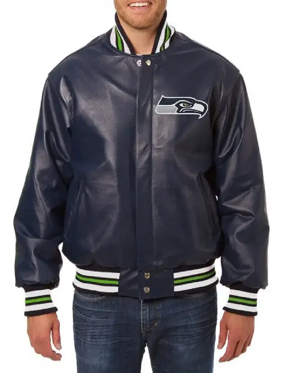 Varsity Seattle Seahawks Navy Blue Leather Jacket