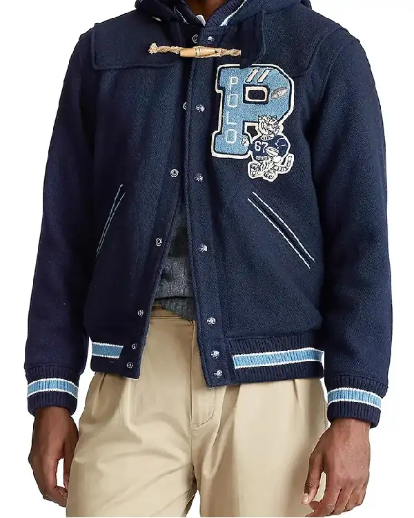 polo ralph lauren navy hooded toggle letterman jacket