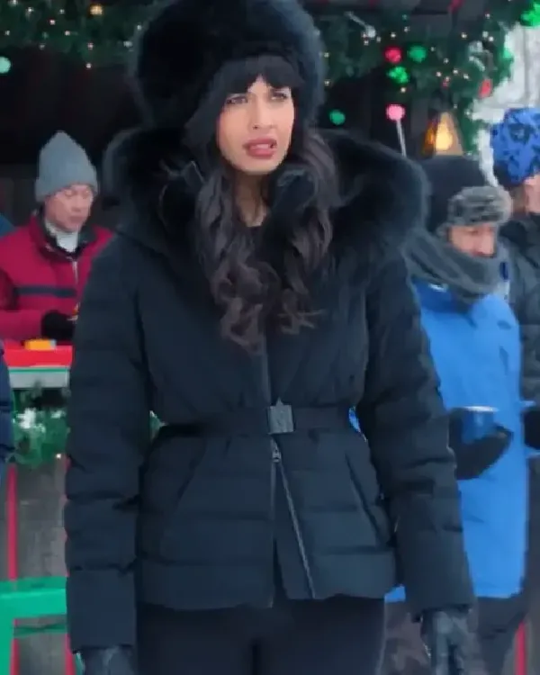 A Merry Little Ex Mas Jameela Jamil Black Puffer Jacket
