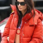 Buy Channel Emily Ratajkowskis Bold Off Duty Style in This Bright Orange Puffer
