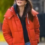 Buy Channel Emily Ratajkowskis Bold Off Duty Style in This Bright Orange Puffer on Sale