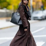 Buy Emily Ratajkowski New York City Long Dark Brown Suede Coat With A Black Fur Collar