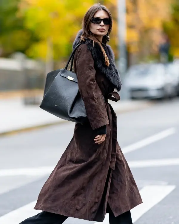 Buy Emily Ratajkowski New York City Long Dark Brown Suede Coat With A Black Fur Collar